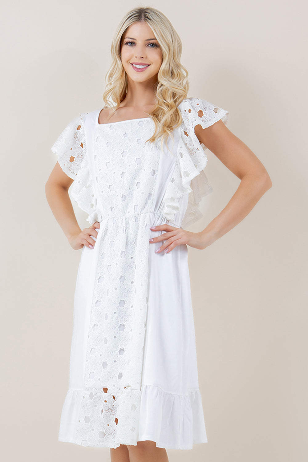 SL RUFFLE SQAURE NK HEM MIDI DRESS - D3683-EYELET