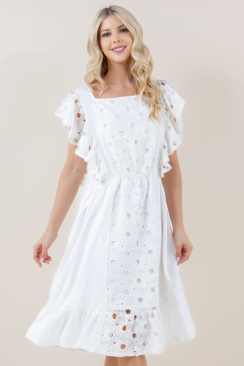 SL RUFFLE SQAURE NK HEM MIDI DRESS - D3683-EYELET