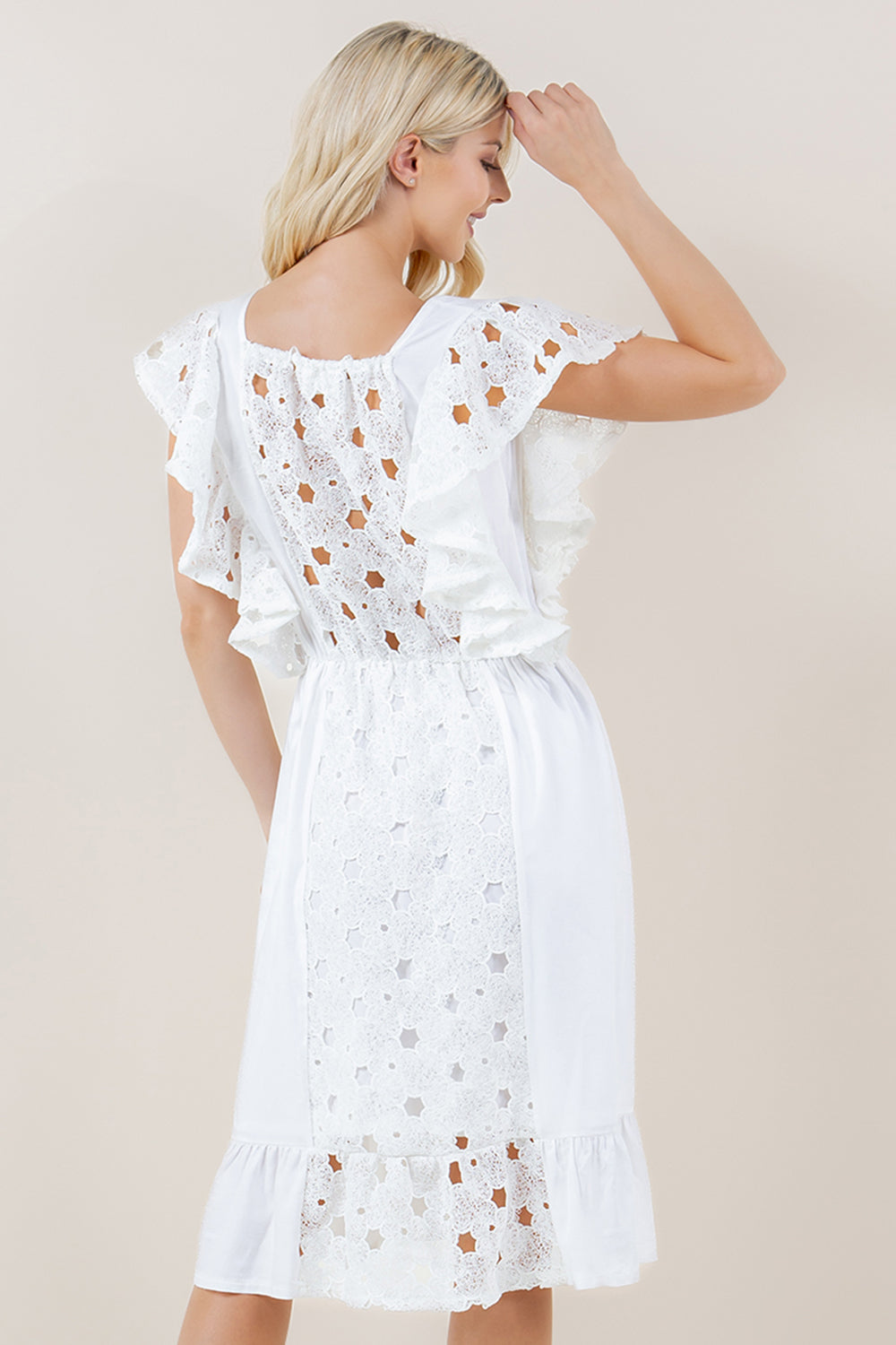 SL RUFFLE SQAURE NK HEM MIDI DRESS - D3683-EYELET