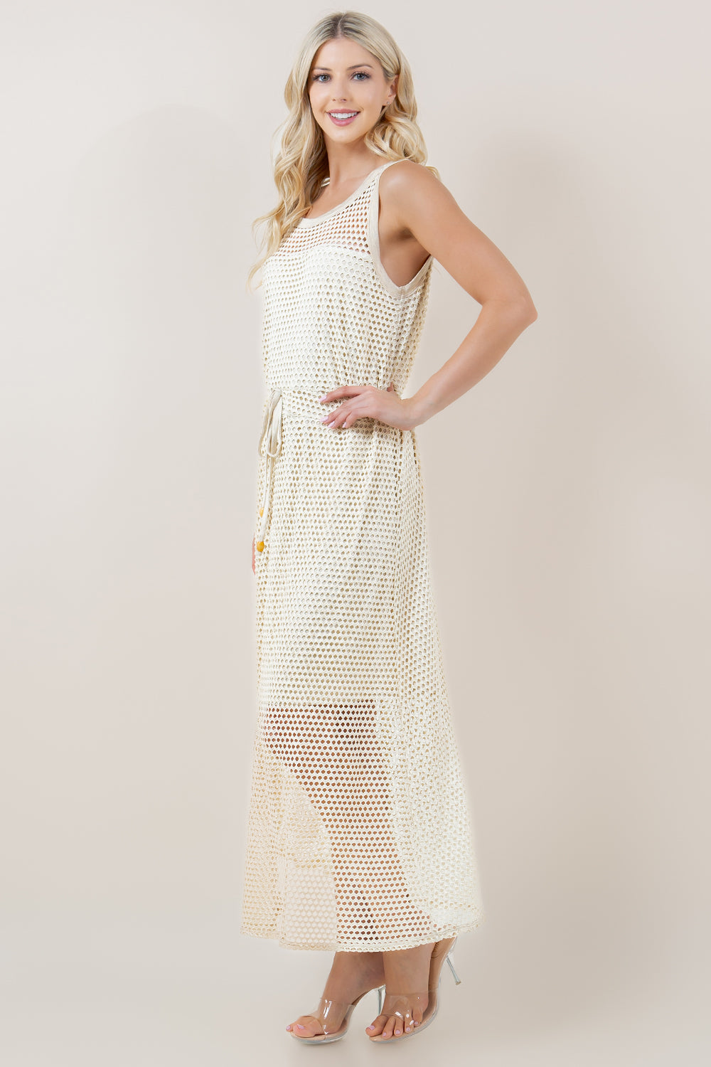 S/LESS CASING WAIST MAXI DRESS W/LINING - D3710-MESH
