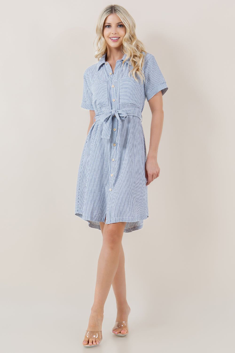 S/SLV BUTTON UP TIE FRONT SHIRT DRESS - D3711-0993