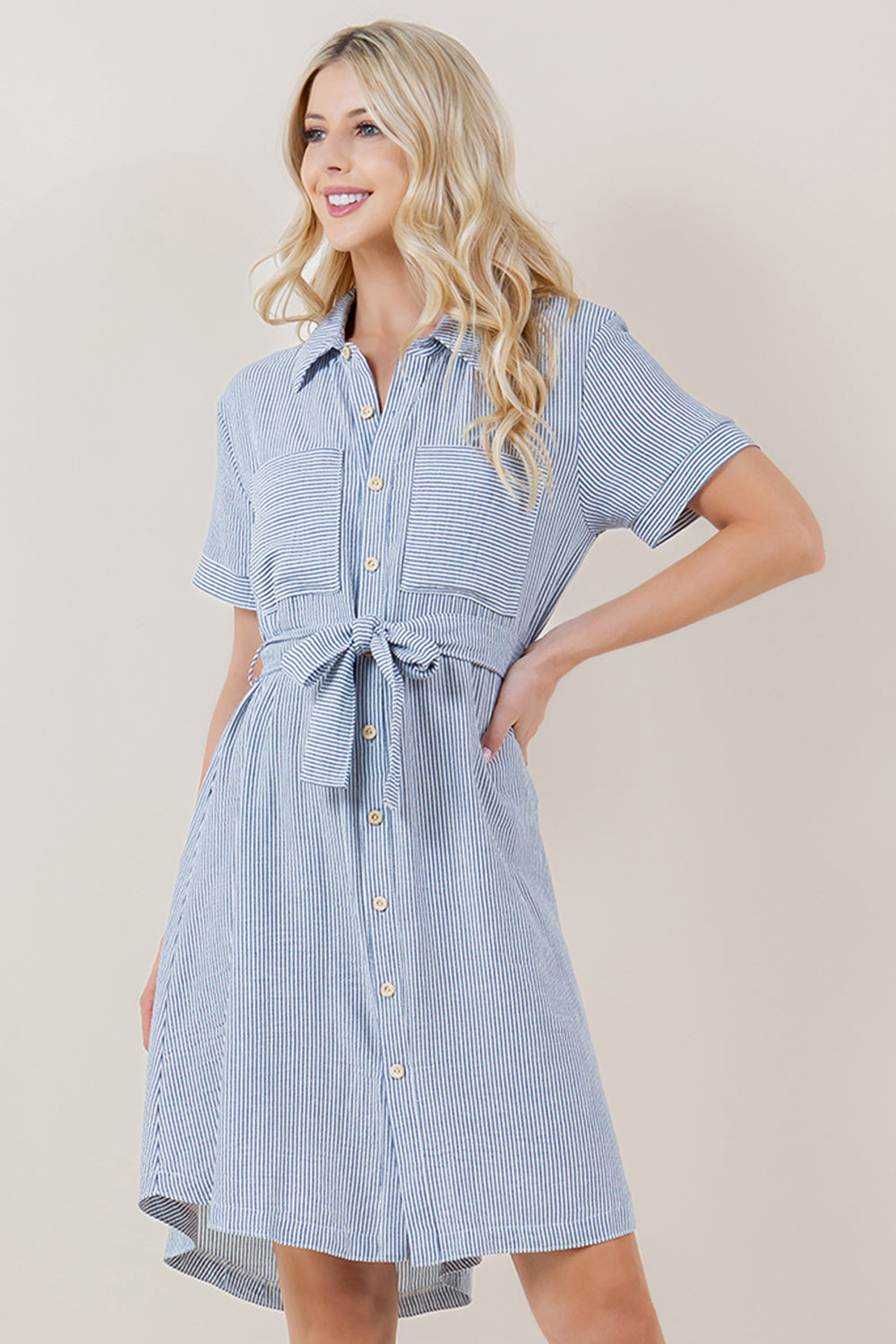 S/SLV BUTTON UP TIE FRONT SHIRT DRESS - D3711-0993