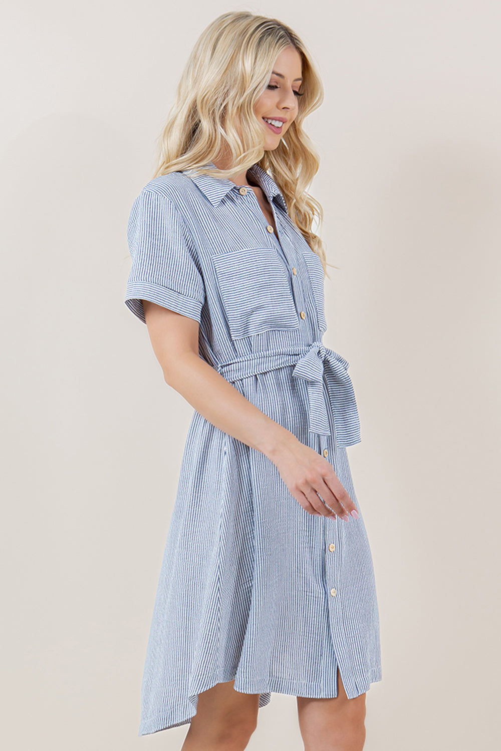 S/SLV BUTTON UP TIE FRONT SHIRT DRESS - D3711-0993