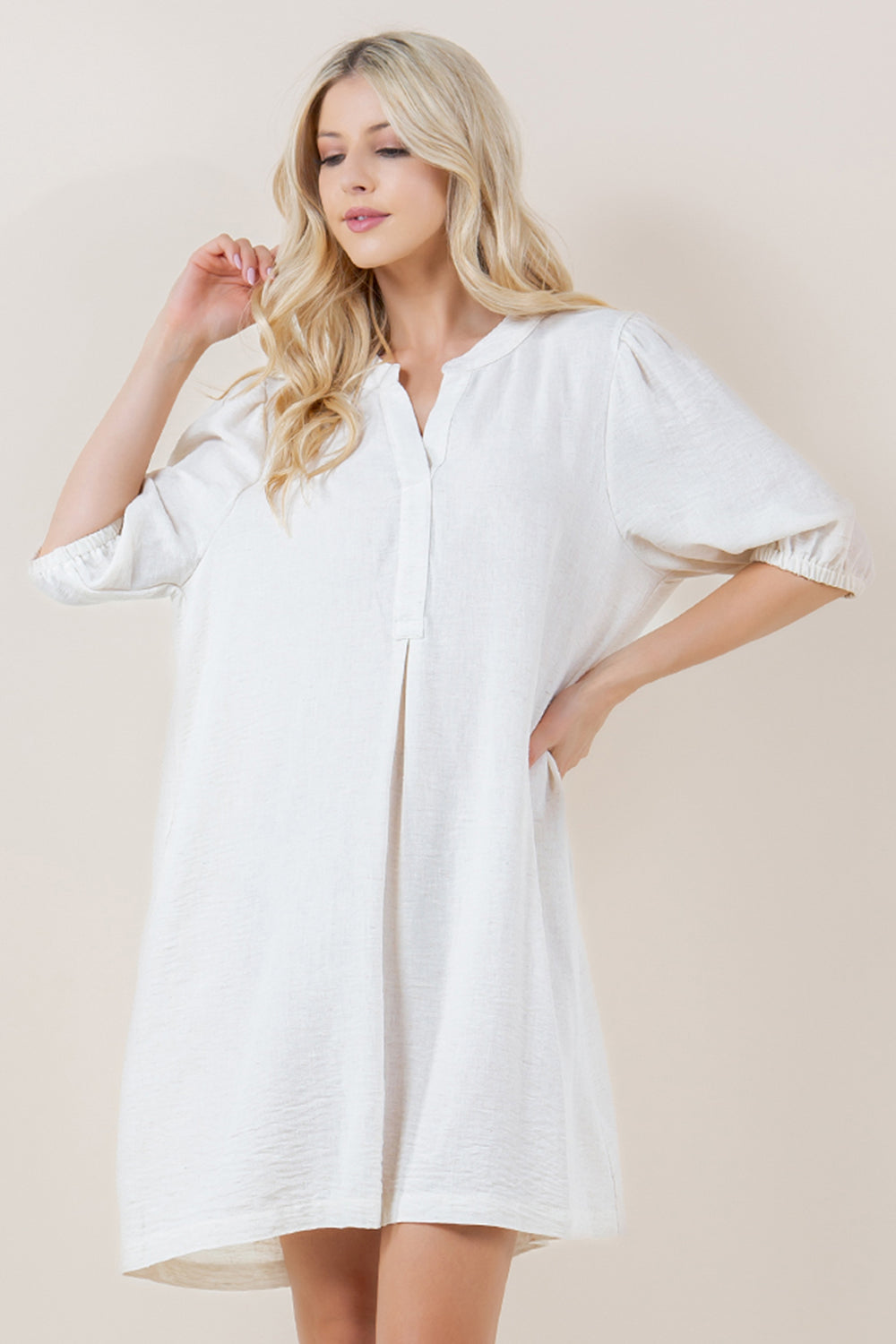 ELBOW SLV BALLON HALF PLACKET POPOVER SHIRT DRESS - D3712-4980