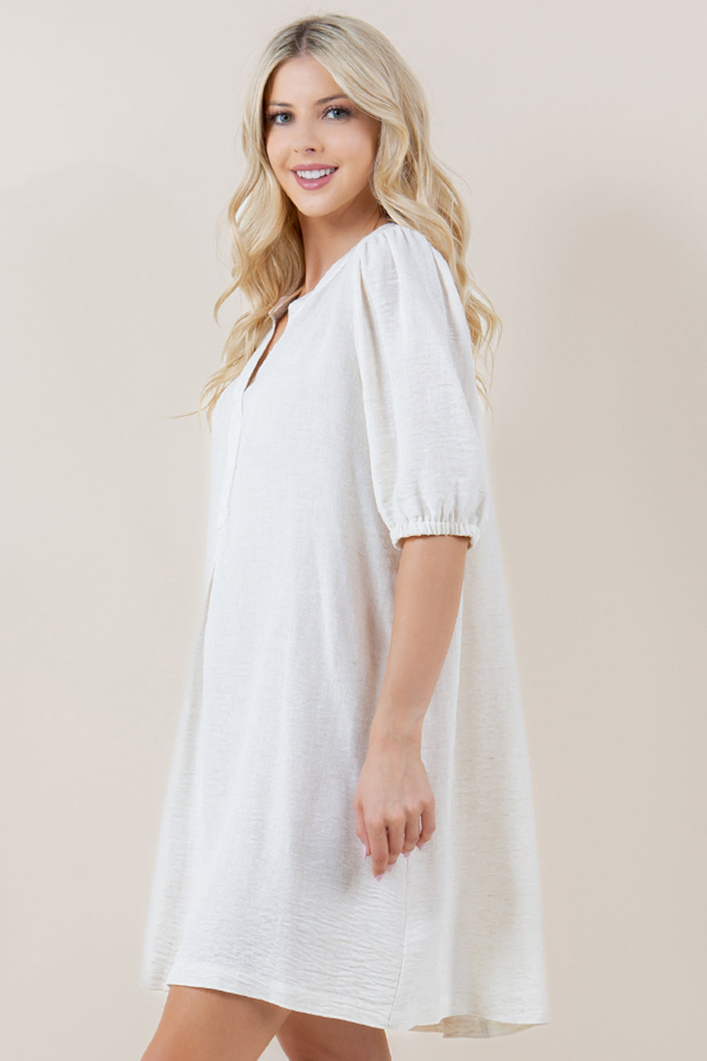 ELBOW SLV BALLON HALF PLACKET POPOVER SHIRT DRESS - D3712-4980