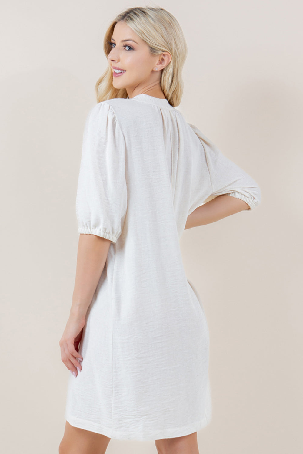 ELBOW SLV BALLON HALF PLACKET POPOVER SHIRT DRESS - D3712-4980