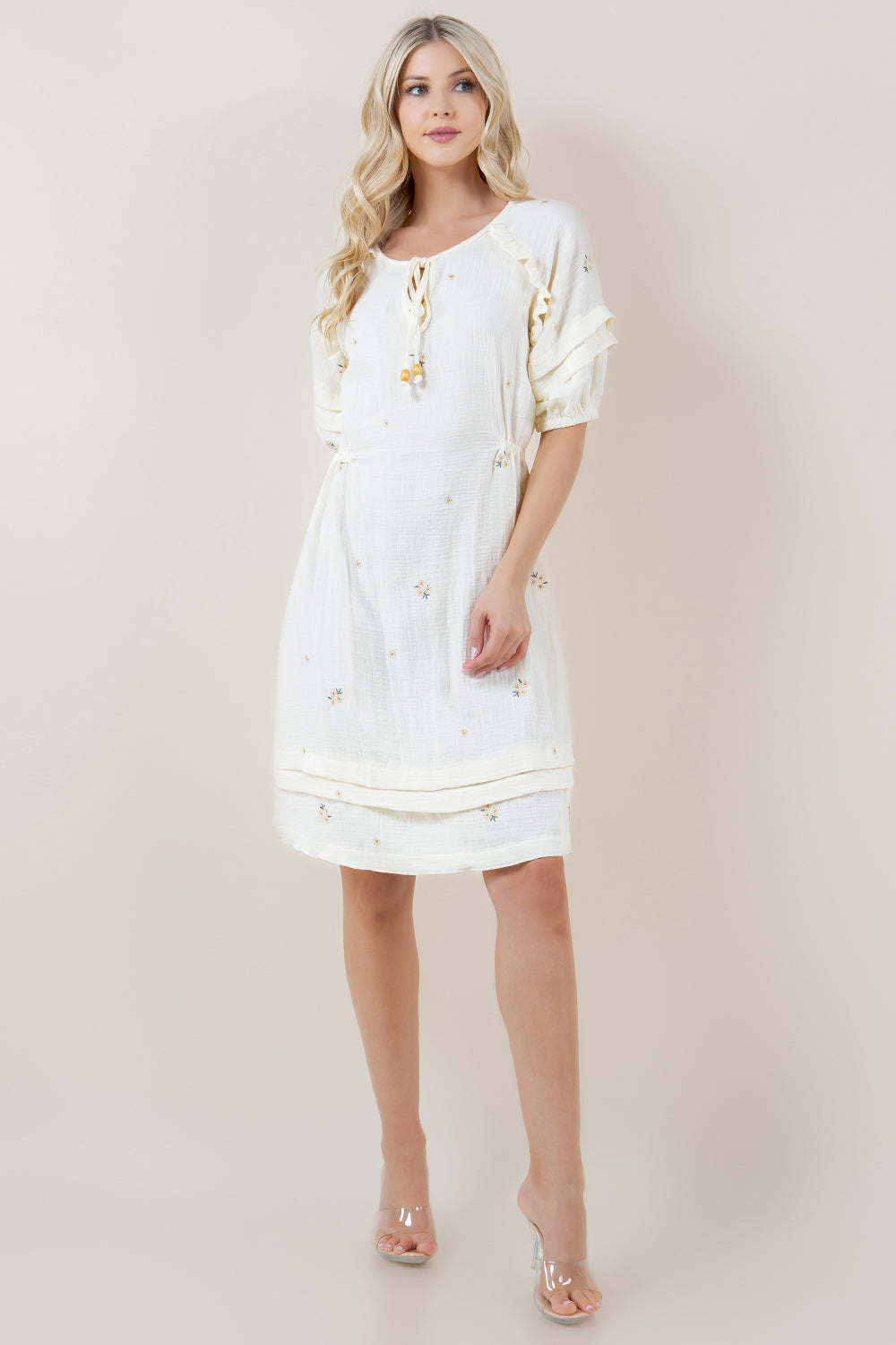 ELB SLV PLEATED RUFFLE BOTTOM HEM DRESS - D3719-0895
