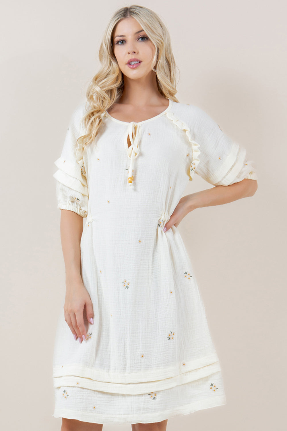 ELB SLV PLEATED RUFFLE BOTTOM HEM DRESS - D3719-0895