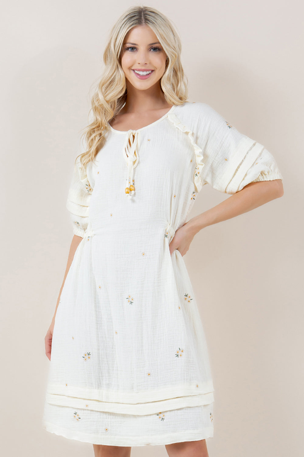 ELB SLV PLEATED RUFFLE BOTTOM HEM DRESS - D3719-0895