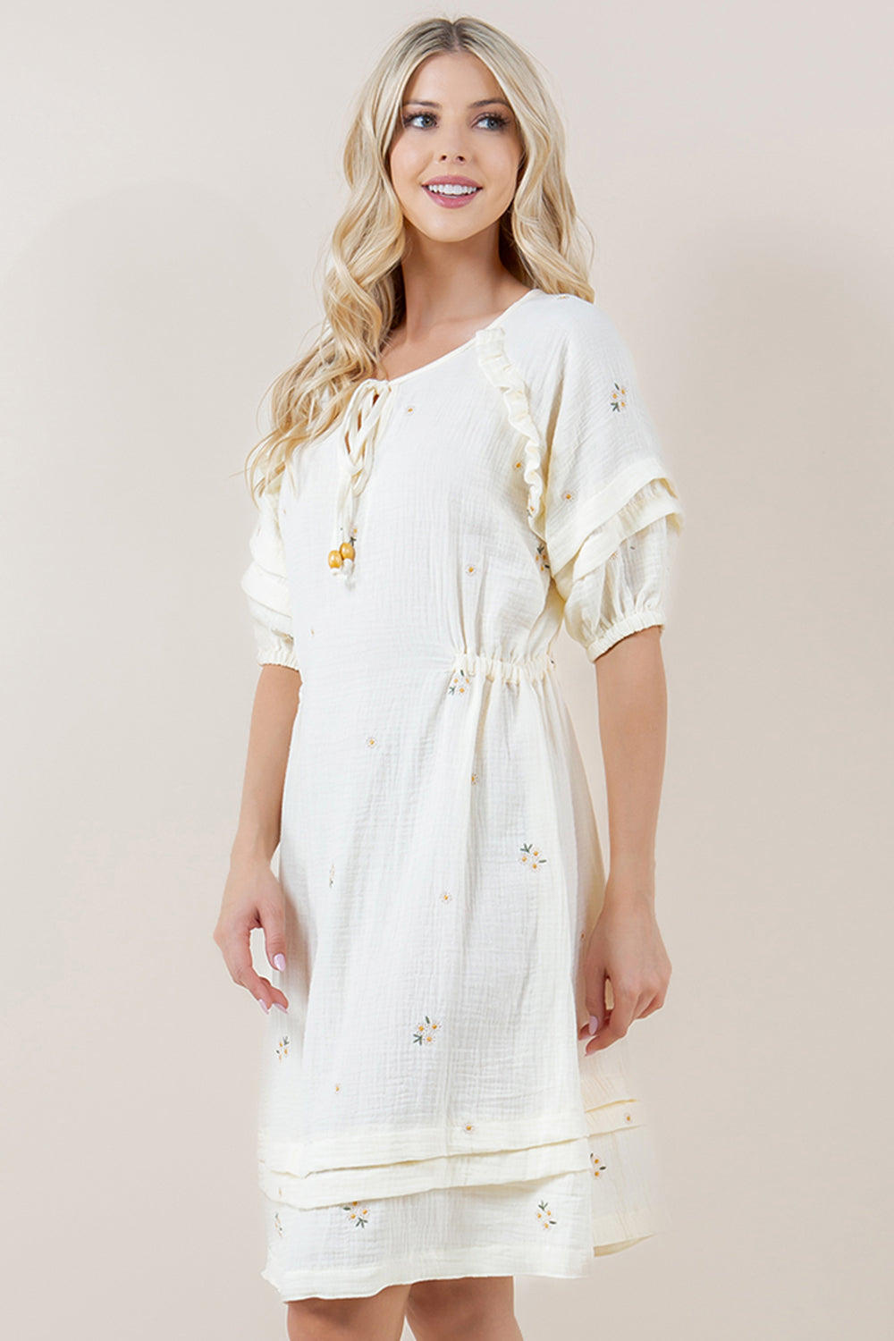 ELB SLV PLEATED RUFFLE BOTTOM HEM DRESS - D3719-0895