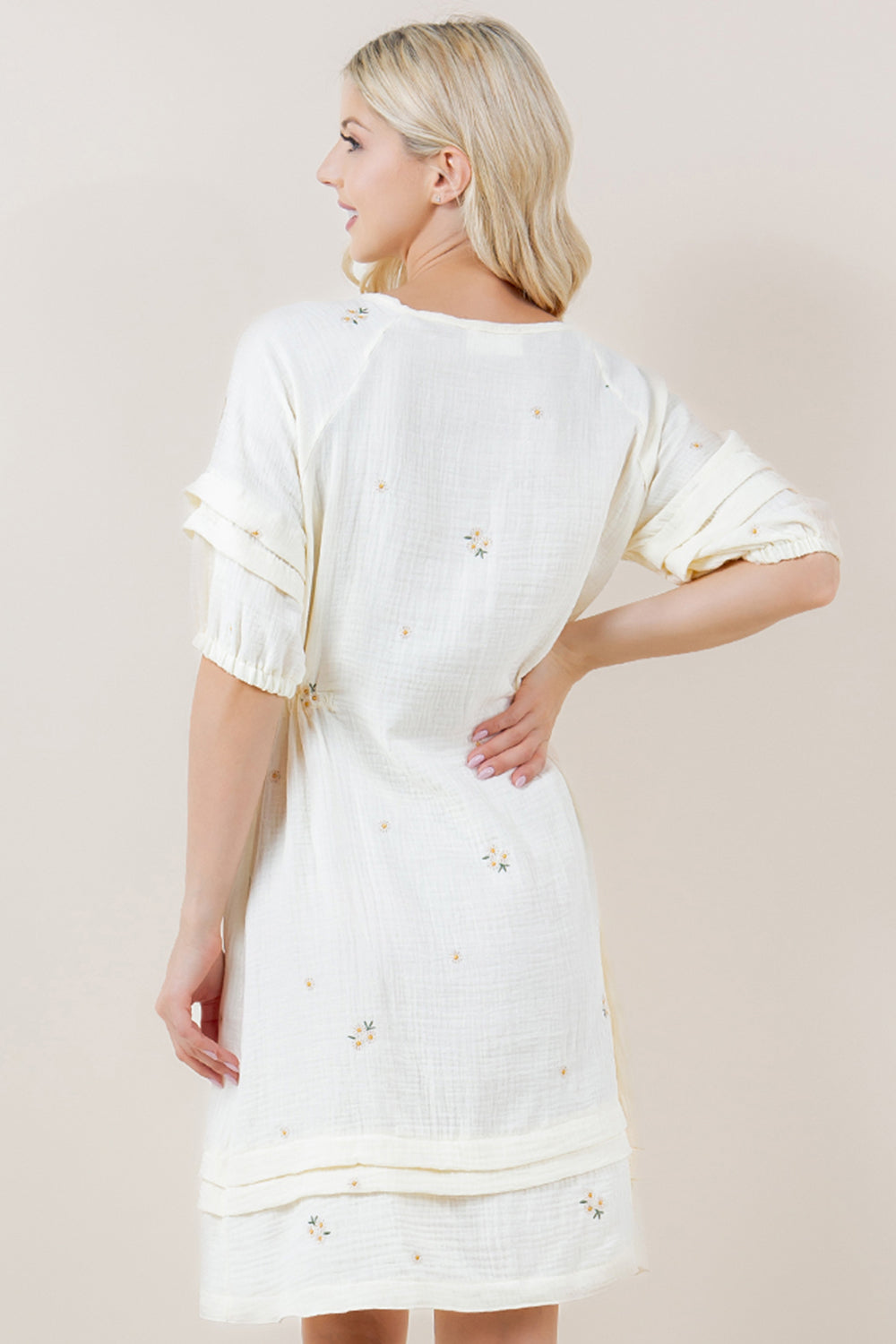 ELB SLV PLEATED RUFFLE BOTTOM HEM DRESS - D3719-0895