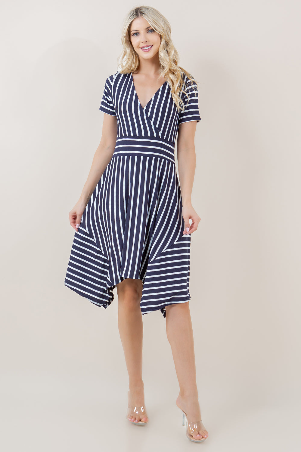 SHORT SLEEVE FAUX SURPLICE GODET DRESS - D3741-STRSJ