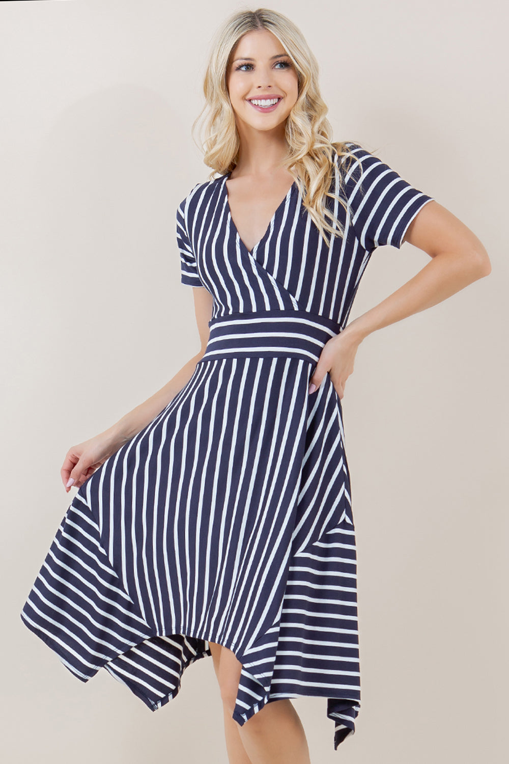 SHORT SLEEVE FAUX SURPLICE GODET DRESS - D3741-STRSJ