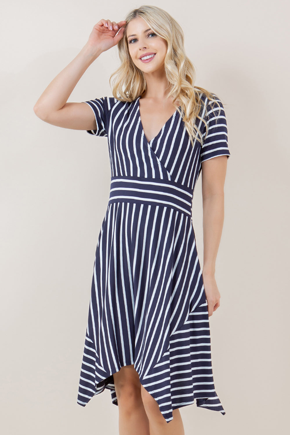 SHORT SLEEVE FAUX SURPLICE GODET DRESS - D3741-STRSJ