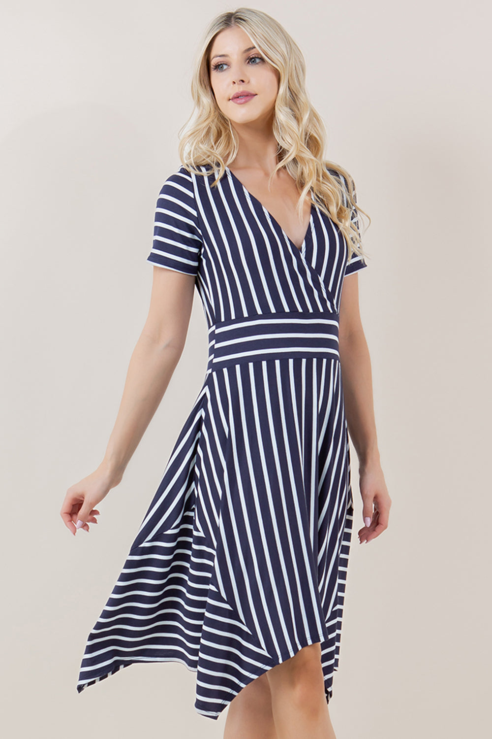 SHORT SLEEVE FAUX SURPLICE GODET DRESS - D3741-STRSJ