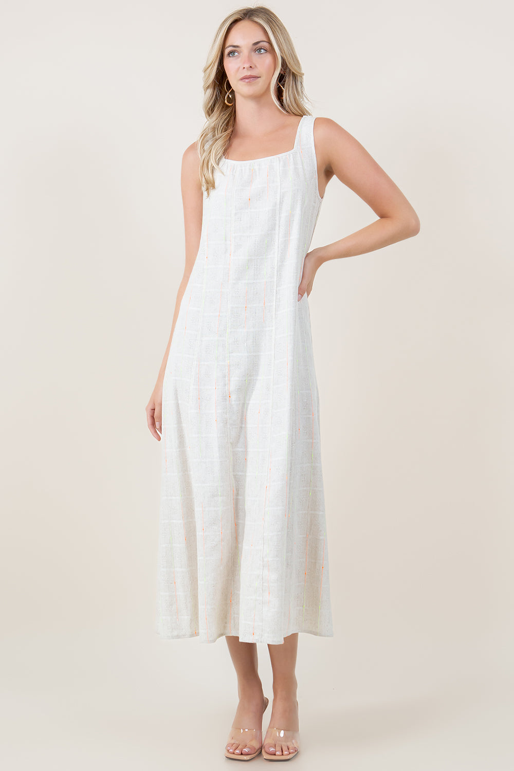 WIDE STRAP SQUARE NECK PRINCESS SEAM LINEN BLEND MAXI DRESS - D3820-KWSAA-1930