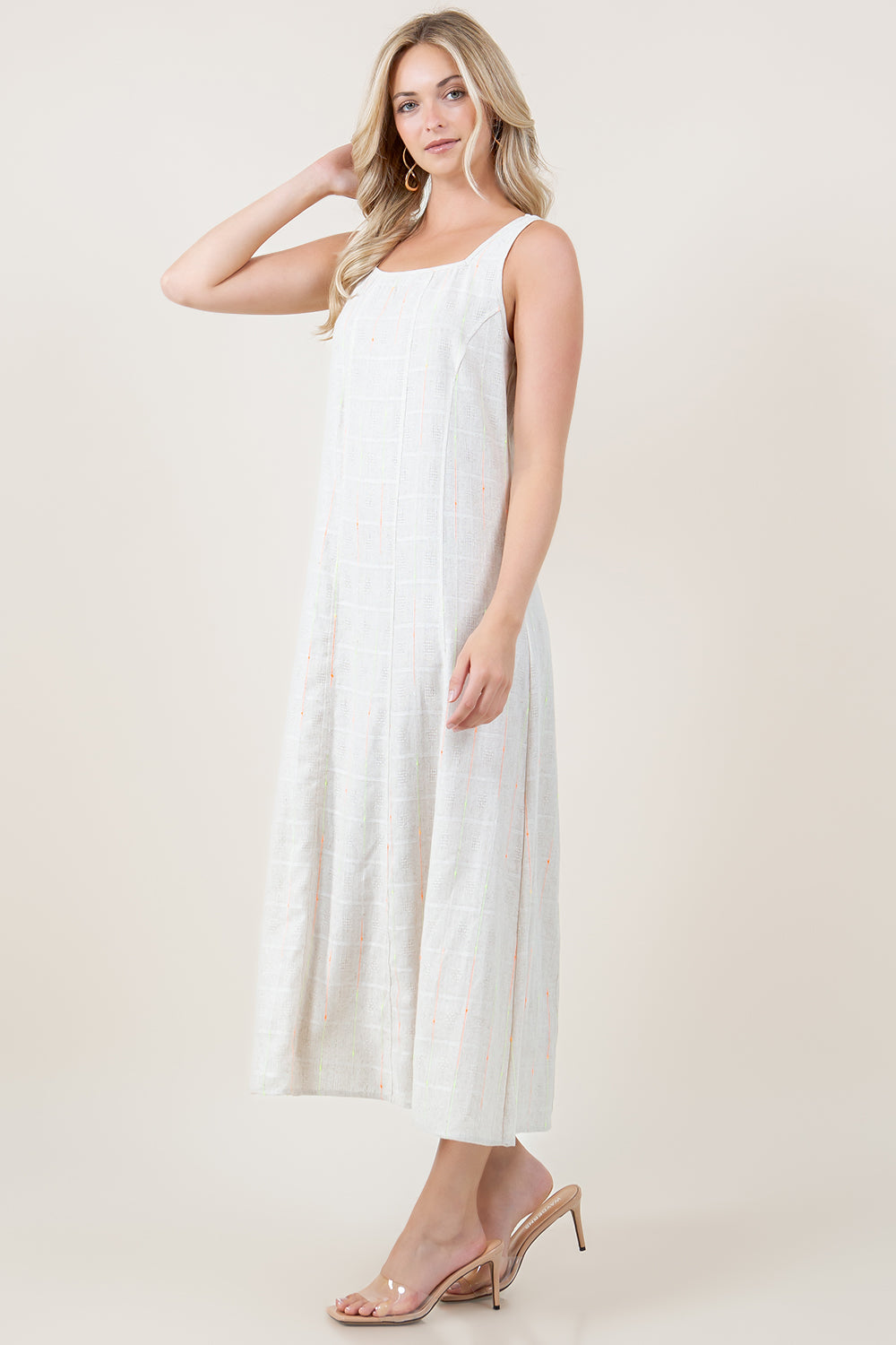WIDE STRAP SQUARE NECK PRINCESS SEAM LINEN BLEND MAXI DRESS - D3820-KWSAA-1930