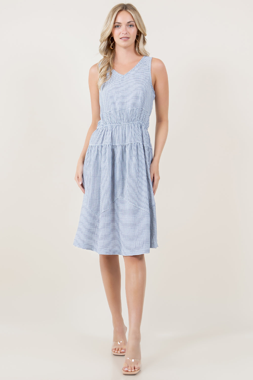 S/LESS V NECK PANELED WAIST LINEN BLEND MIDI DRESS - D3770-0993