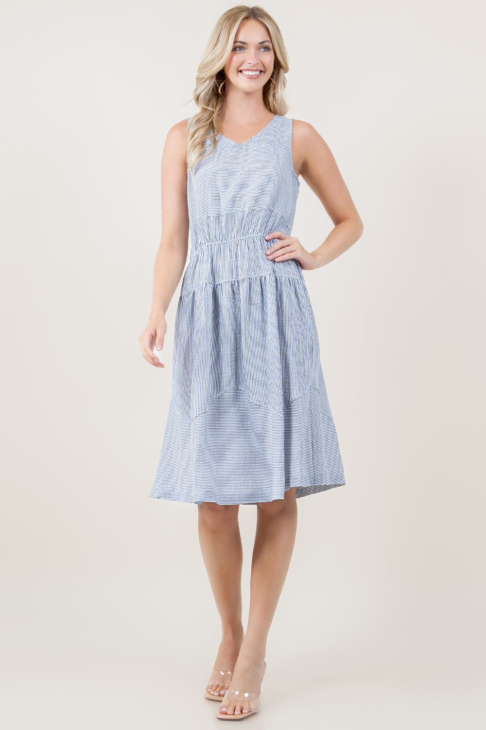 S/LESS V NECK PANELED WAIST LINEN BLEND MIDI DRESS - D3770-0993