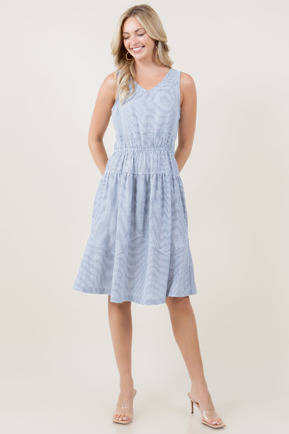 S/LESS V NECK PANELED WAIST LINEN BLEND MIDI DRESS - D3770-0993