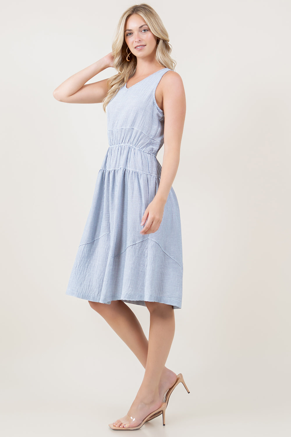 S/LESS V NECK PANELED WAIST LINEN BLEND MIDI DRESS - D3770-0993