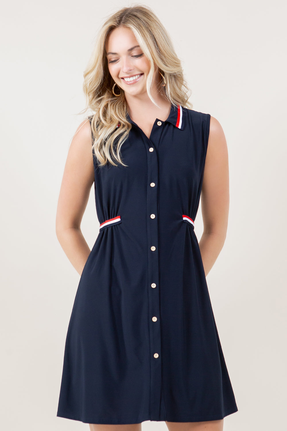 S/LESS TRI COLOR STRIPE SIDE ELASTIC BUTTON DOWN DRESS - D3781-ITY