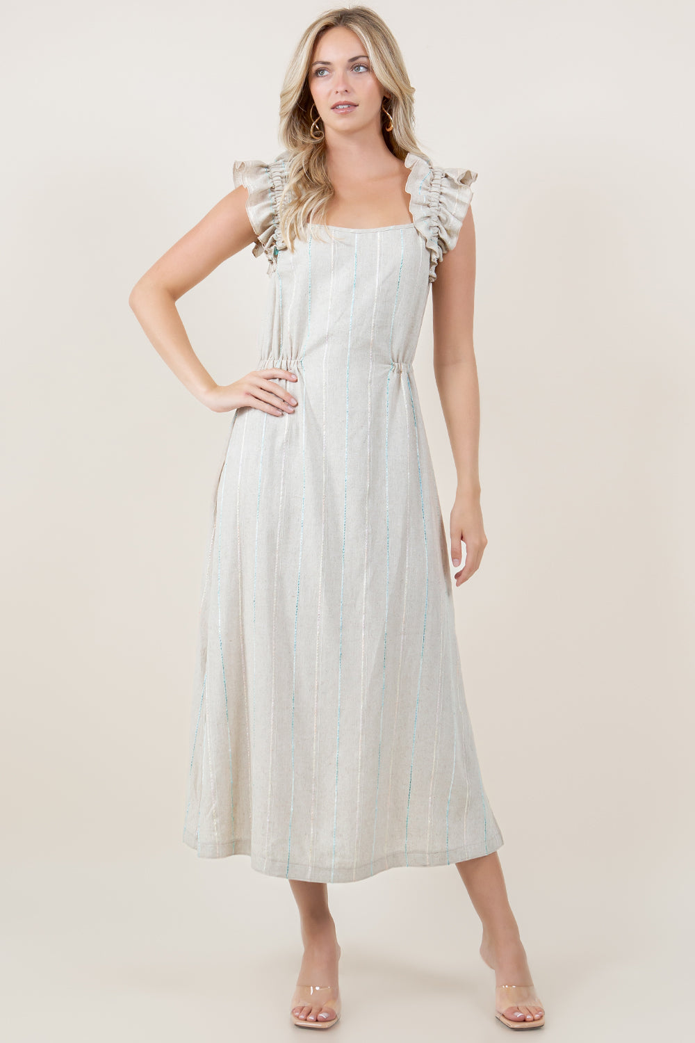RUFFLE STRAP SQUARE NECK SIDE ELASTIC LINEN BLEND MAXI DRESS - D3820-KWSAA-1930
