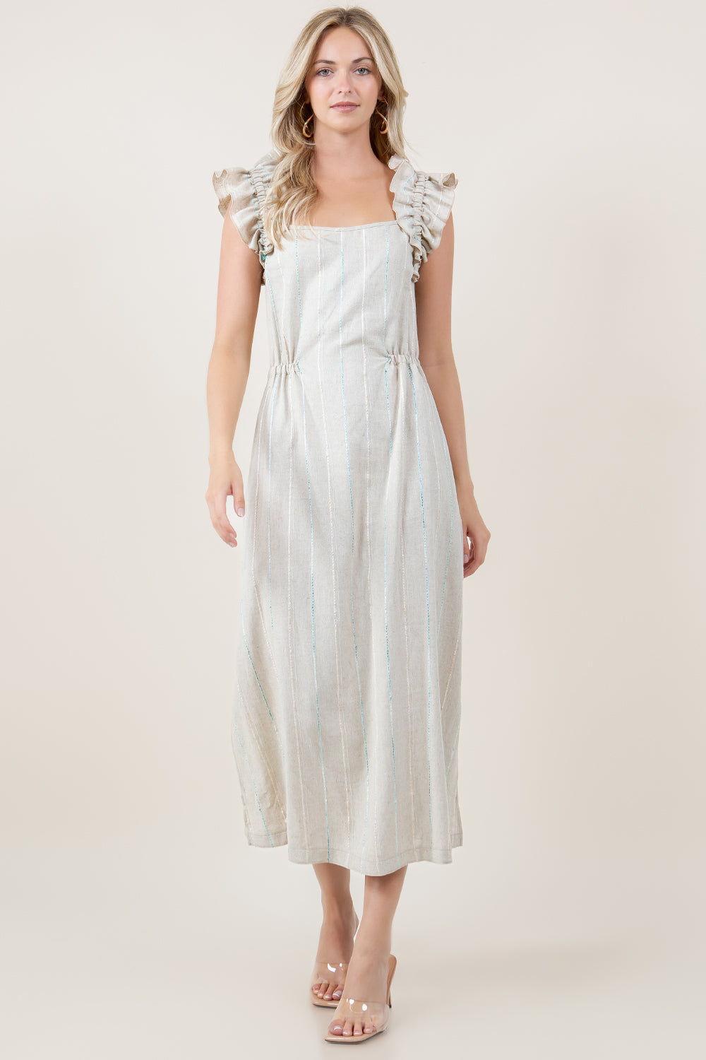 RUFFLE STRAP SQUARE NECK SIDE ELASTIC LINEN BLEND MAXI DRESS - D3820-KWSAA-1930