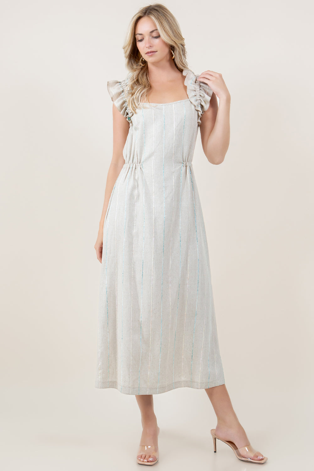 RUFFLE STRAP SQUARE NECK SIDE ELASTIC LINEN BLEND MAXI DRESS - D3820-KWSAA-1930