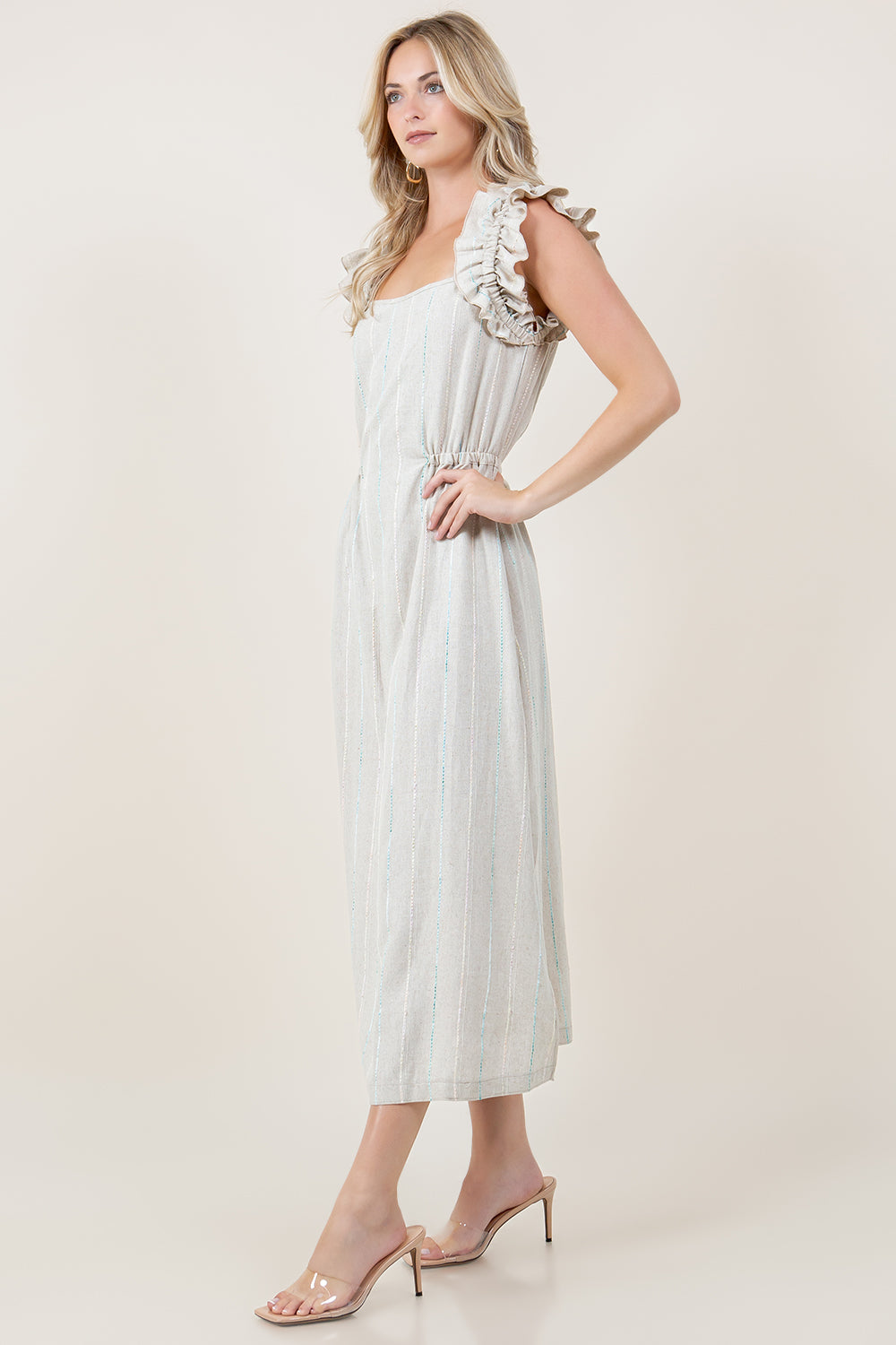 RUFFLE STRAP SQUARE NECK SIDE ELASTIC LINEN BLEND MAXI DRESS - D3820-KWSAA-1930