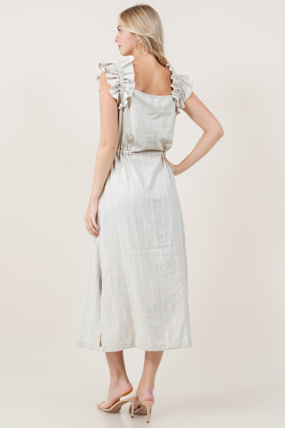 RUFFLE STRAP SQUARE NECK SIDE ELASTIC LINEN BLEND MAXI DRESS - D3820-KWSAA-1930