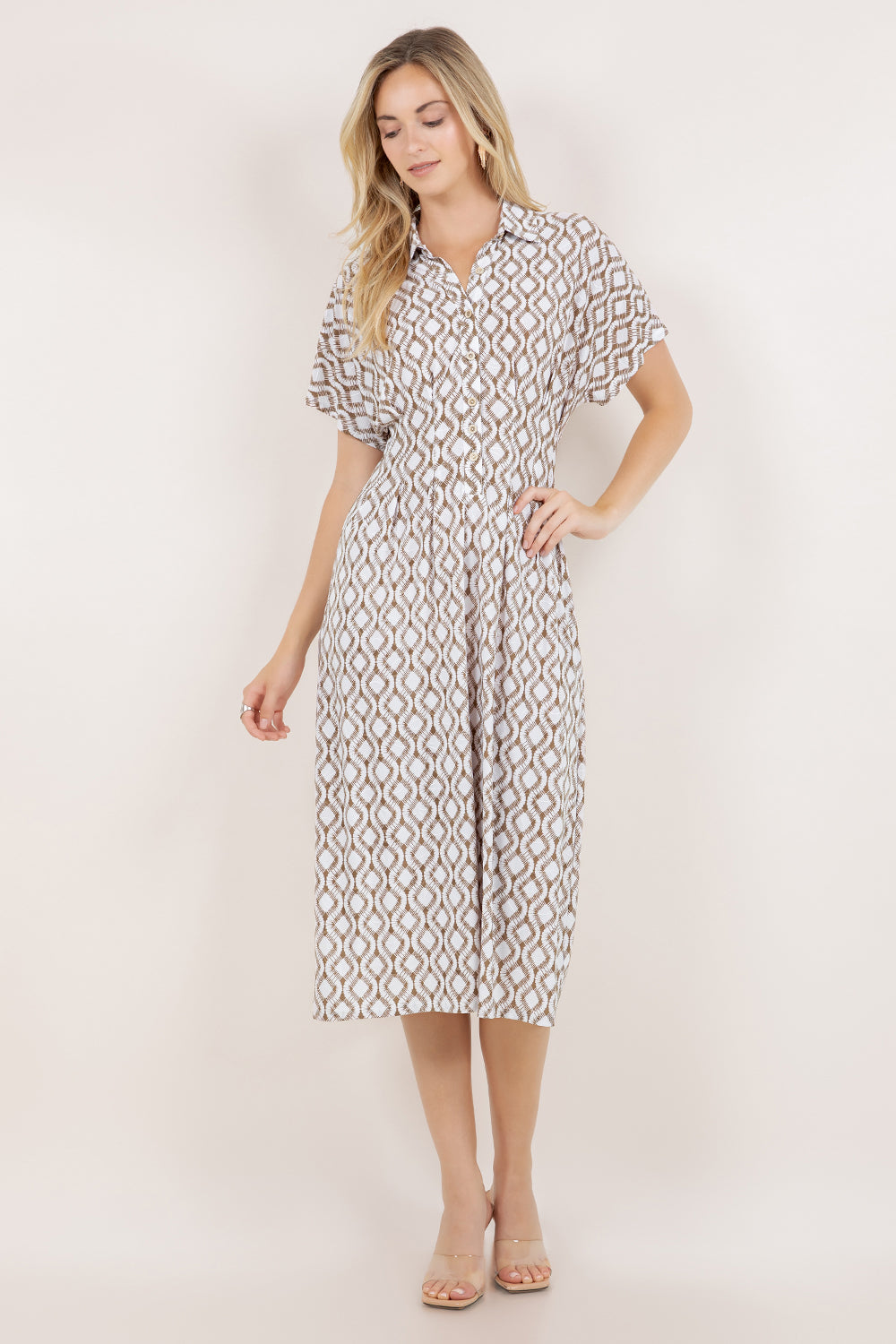 S/SLV PLEATED WAIST MIDI DRESS D3851-A6054