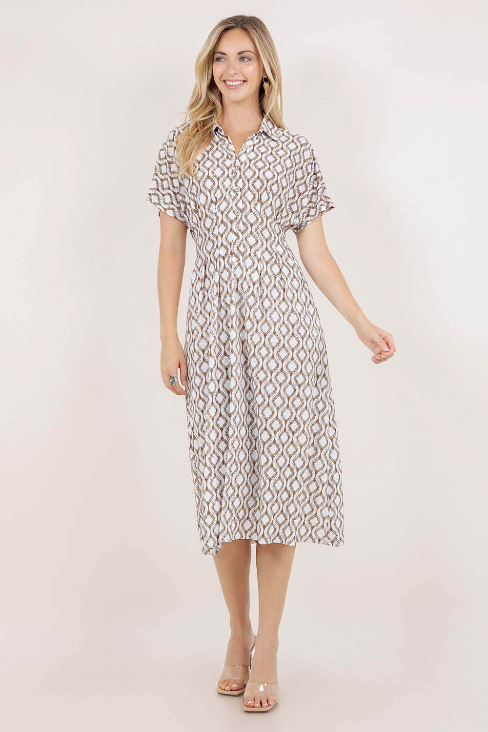 S/SLV PLEATED WAIST MIDI DRESS D3851-A6054