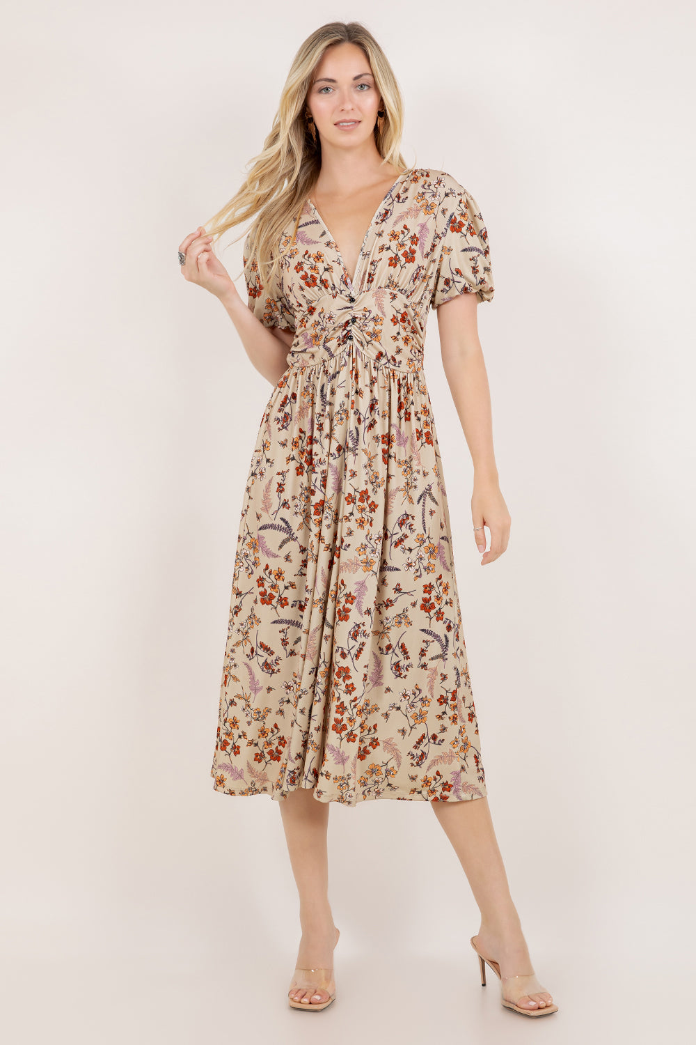 S/SLV SHIRRED WAIST MIDI DRESS D3852-58293