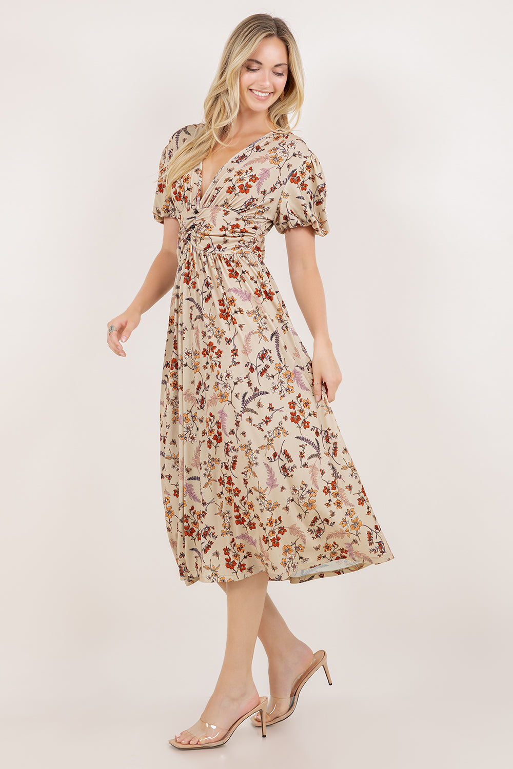 S/SLV SHIRRED WAIST MIDI DRESS D3852-58293