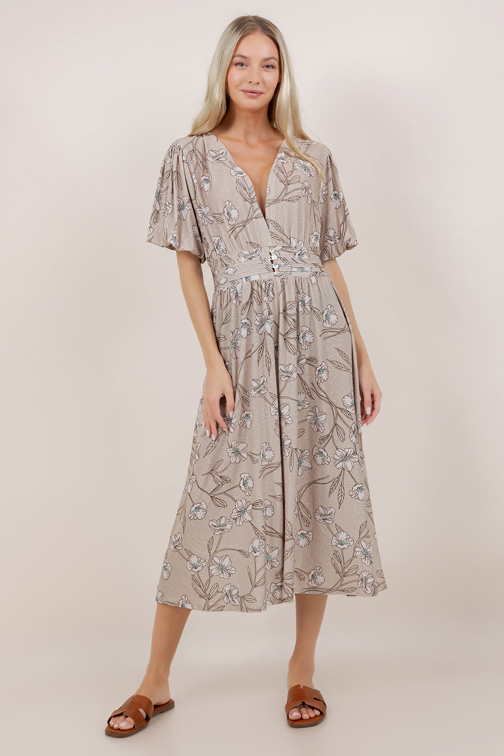S/SLV SHIRRED WAIST MIDI DRESS D3852-8560
