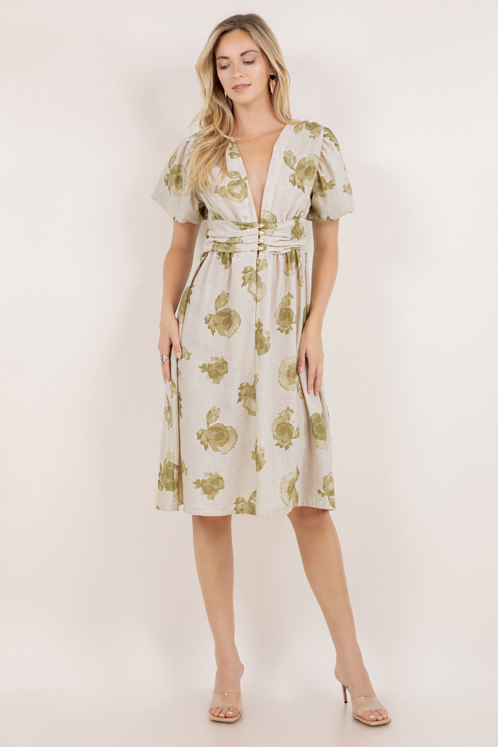 S/SLV SHIRRED WAIST MIDI DRESS D3852-2404062