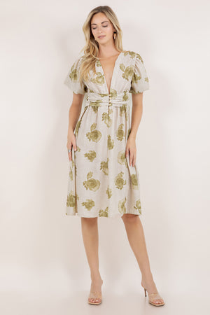 S/SLV SHIRRED WAIST MIDI DRESS D3852-2404062