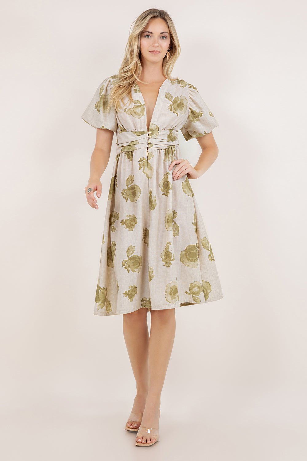 S/SLV SHIRRED WAIST MIDI DRESS D3852-2404062