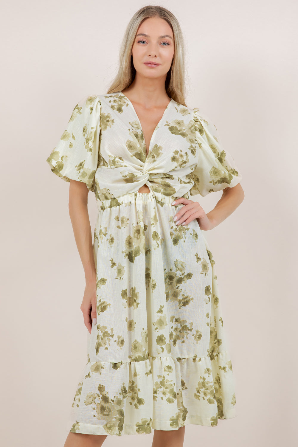ELB/SLV TWIST FRONT MIDI DRESS D3862-81461