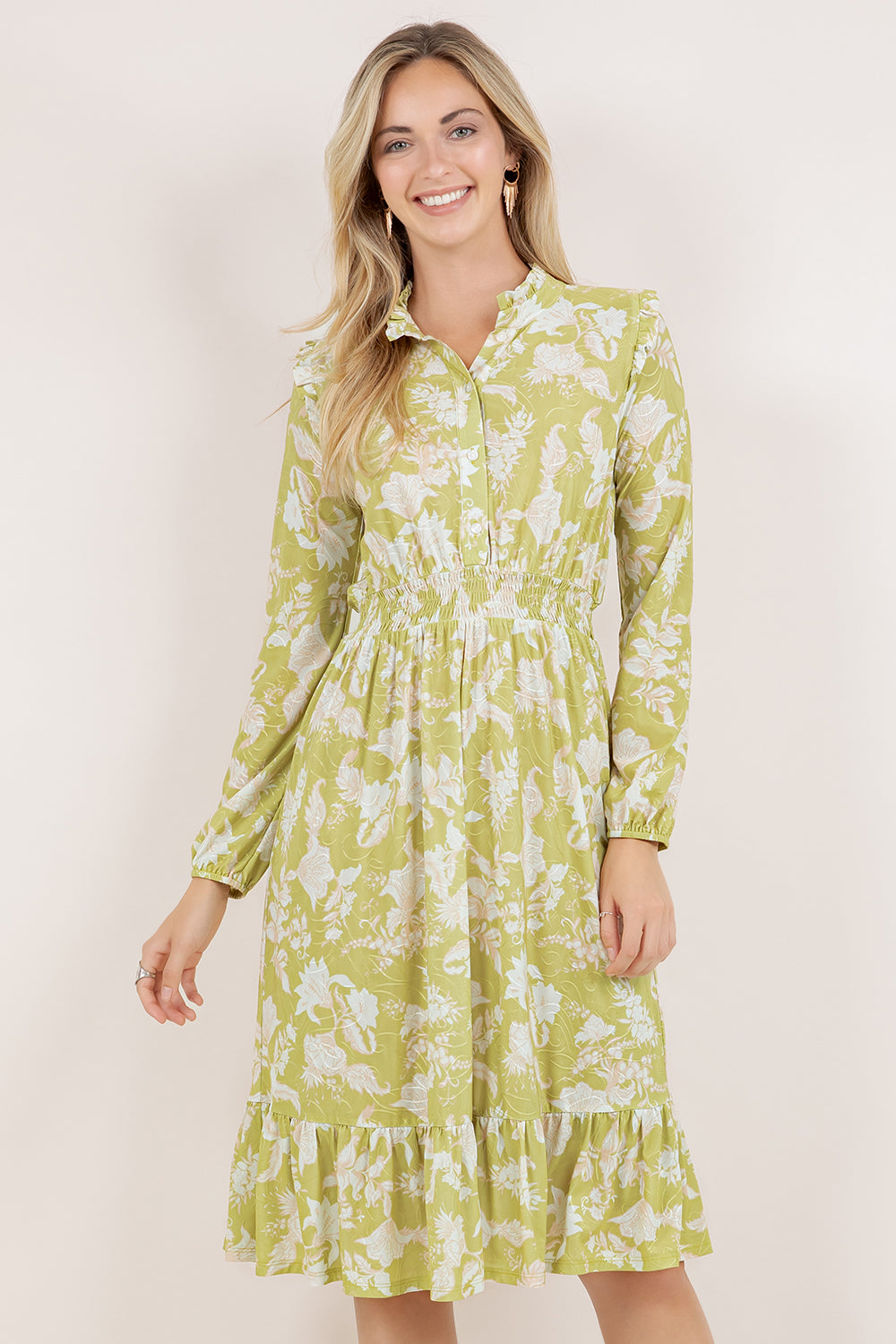 L/SLV TIERED RUFFLE MIDI DRESS D3899-2404105