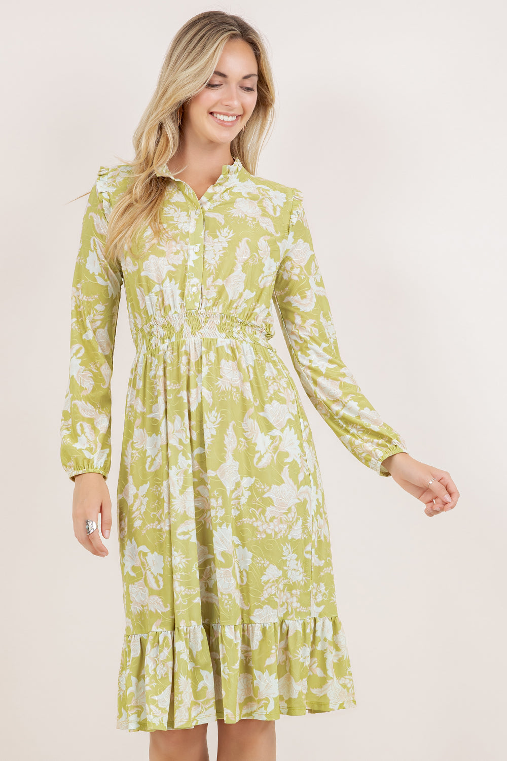 L/SLV TIERED RUFFLE MIDI DRESS D3899-2404105