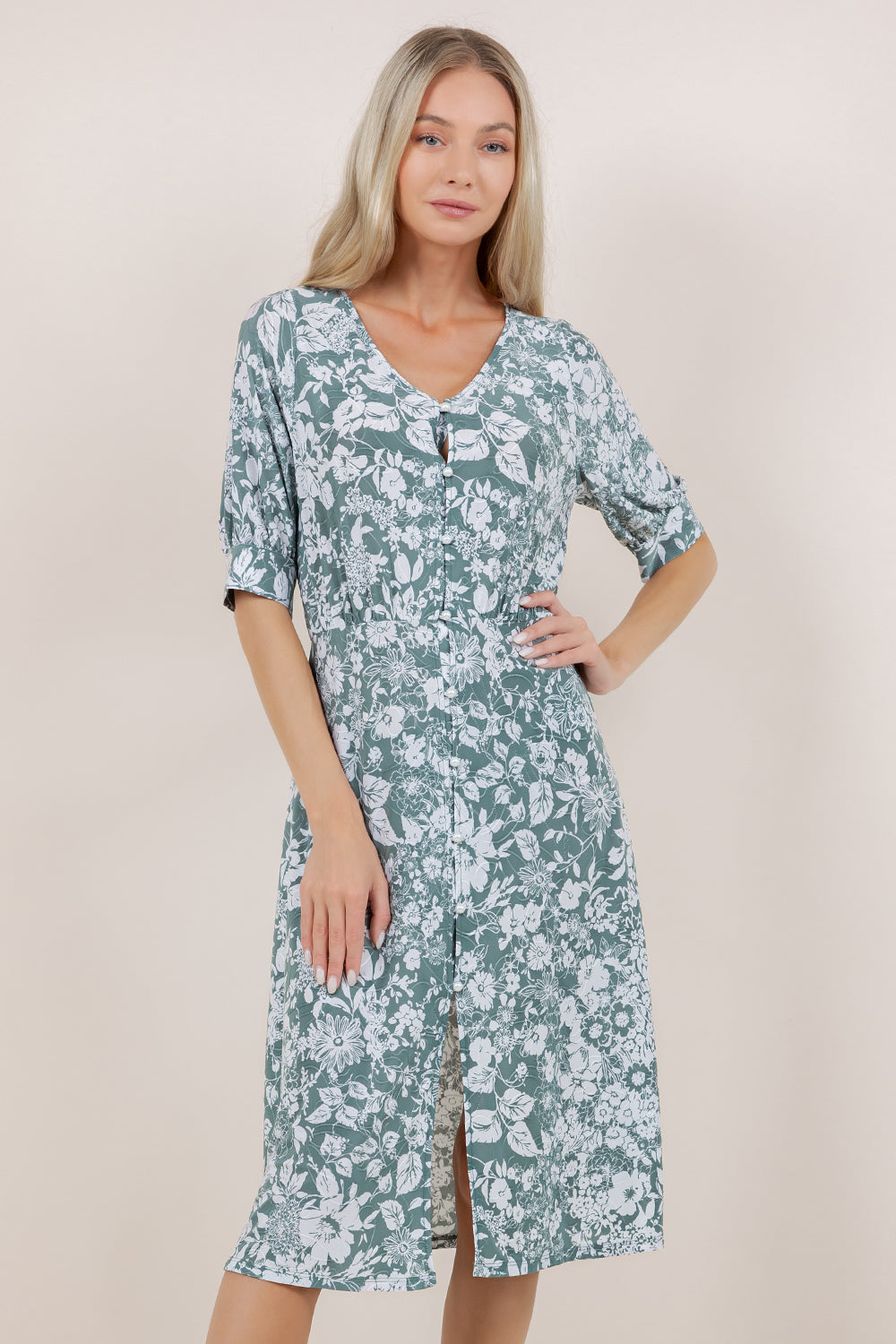 ELB/SLV BUTTONED MIDI DRESS D3900-S60206