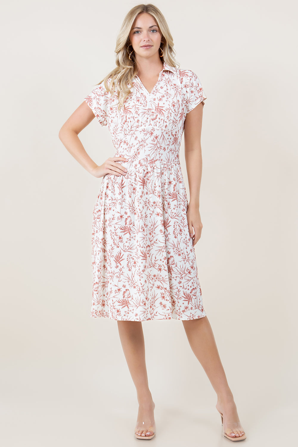 S/SLV HI WAIST JOHNNY COLLAR MIDI DRESS - D3969-MS-7984