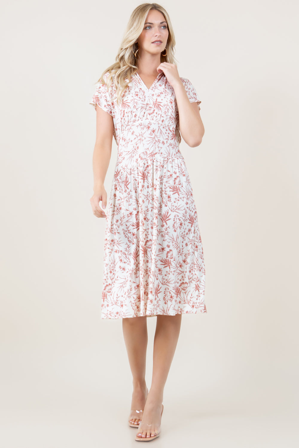 S/SLV HI WAIST JOHNNY COLLAR MIDI DRESS - D3969-MS-7984