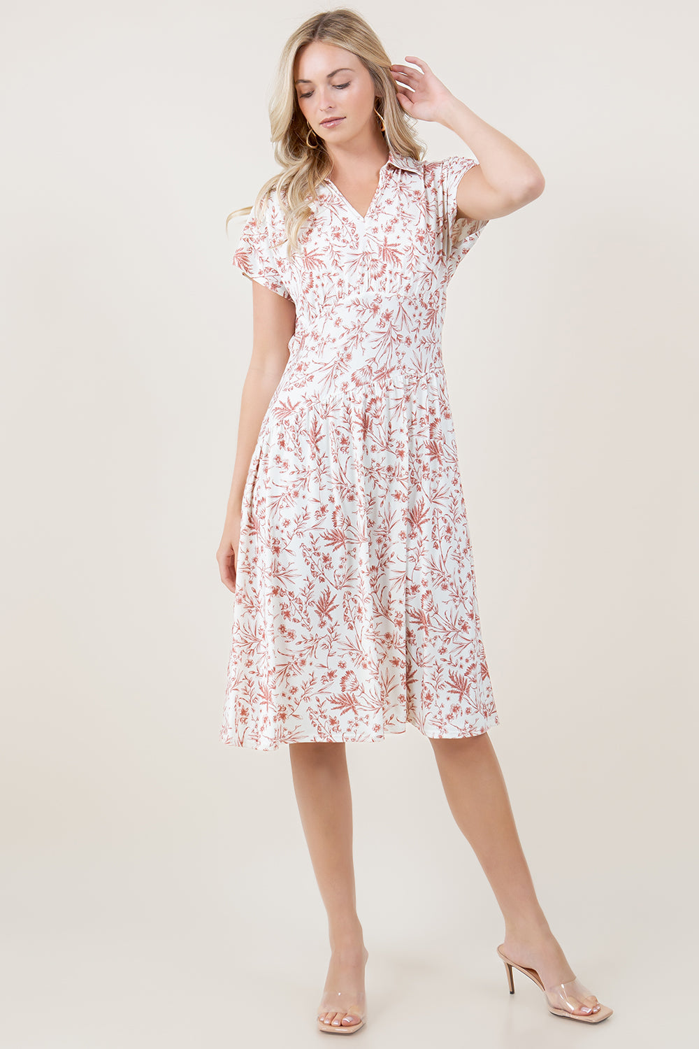 S/SLV HI WAIST JOHNNY COLLAR MIDI DRESS - D3969-MS-7984