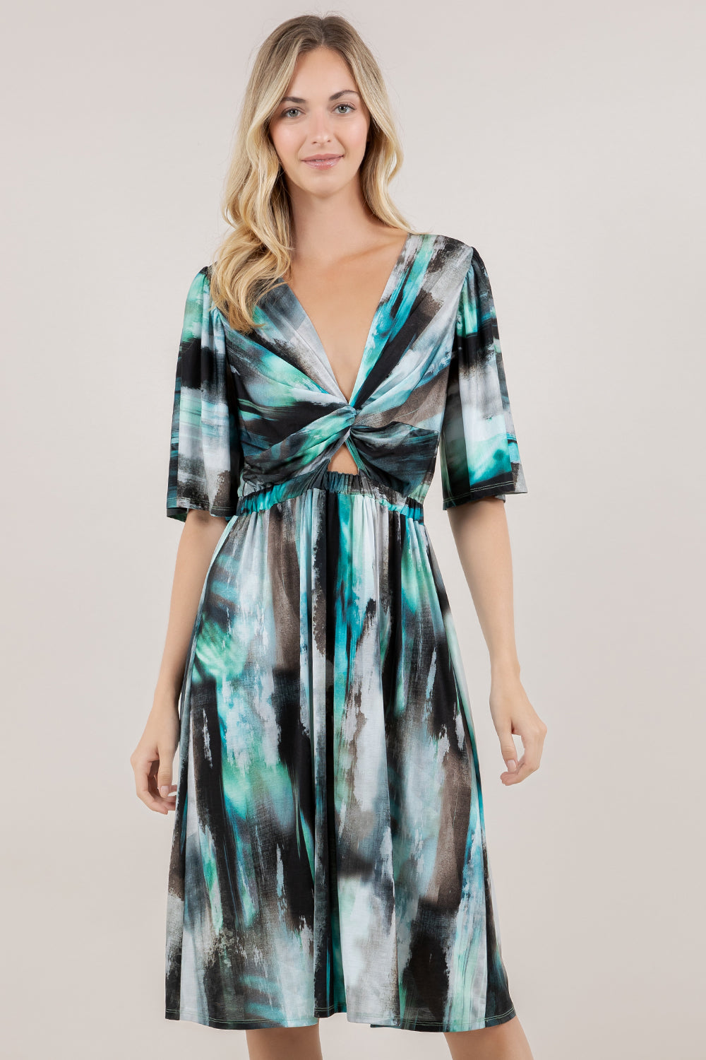 ELB/SLV TWIST FRONT MIDI DRESS D4009-8141