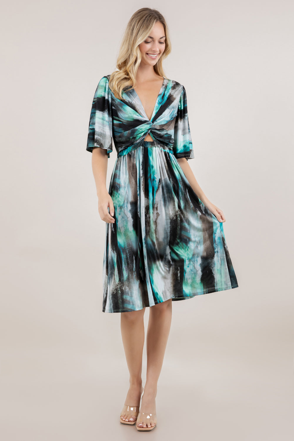 twist-front knee-length dress Women's Twist Front V Neck Dress Short Sleeve A Line Casual Knee Length  Dresses Summer Elegant Party Mini Sundresses, Black Small at Amazon Women's  Clothing store