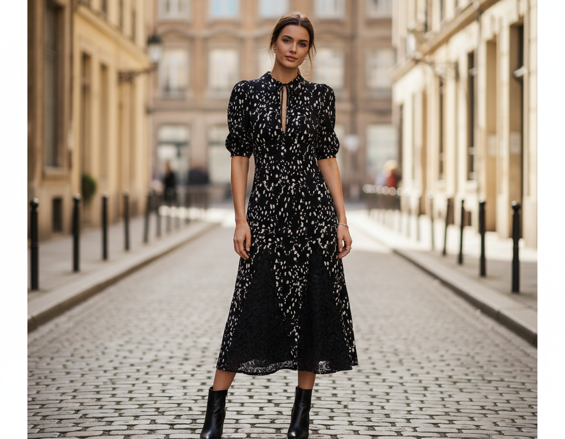 S/SLV KEYHOLE COLLAR MIDI DRESS D4072-A4704