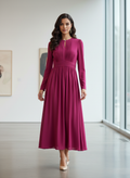 L/SLV KEYHOLE SHIRRED WAIST DRESS D4078-256083